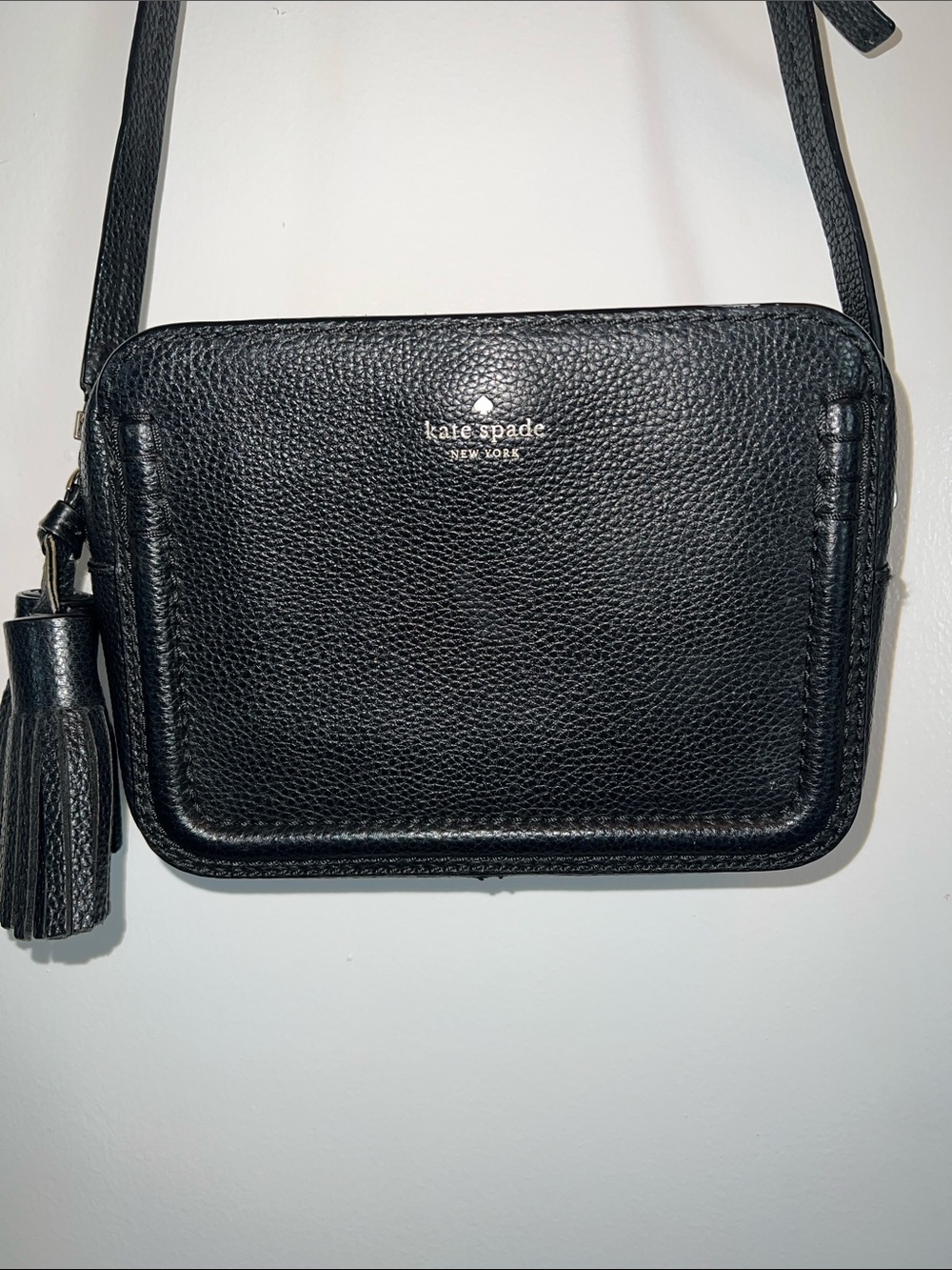 kate spade black pebbled leather crossbody with tassel